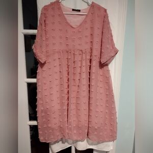 Simple Flavor Medium Pink Swiss Dot Dress Empire Waist V Neck Trapeze Boho